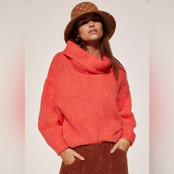 Anthropology Pilcro Vibrant Coral Cowl Neck Sweater - Picture 1 of 11